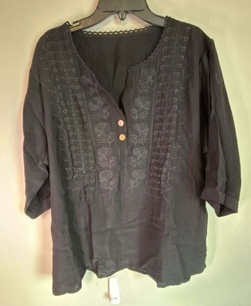 Embroidered Cotton Linen Tops for Women 3/4 Sleeve V-Neck Summer